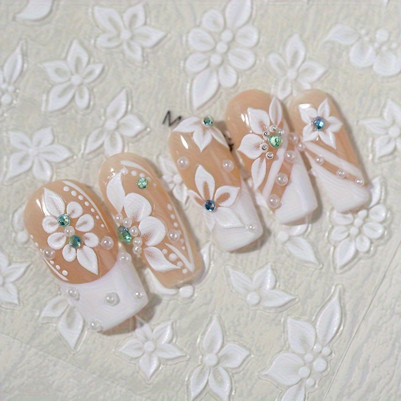 1 Set 3D Embossed Floral Nail Art Stickers - Self-Adhesive Plastic Nail Embellishments, Matte Finish, Plant Theme, Single Use, Irregular Shape - Unscented, Nail Art Decor | Floral Nail Design | Durable Nail Stickers